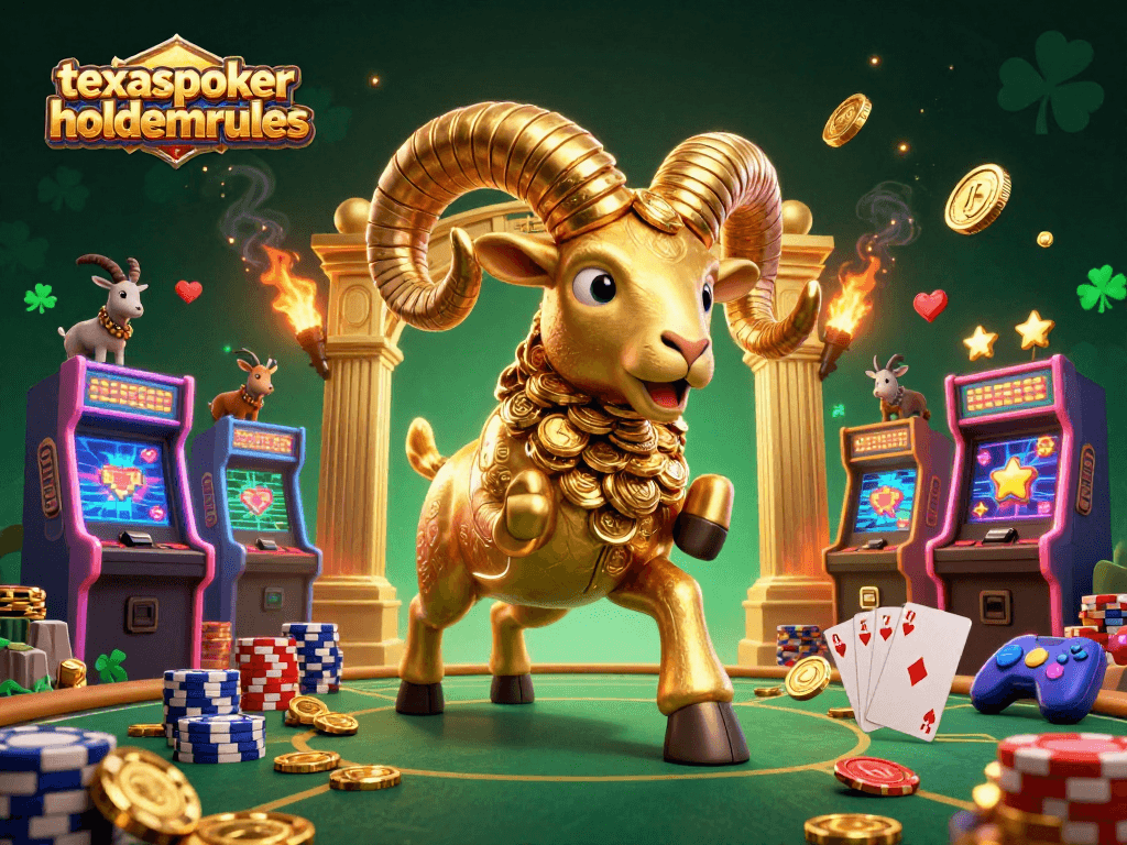 Engage with texaspokerholdemrules showcasing a golden ram charging through a vibrant poker scene.