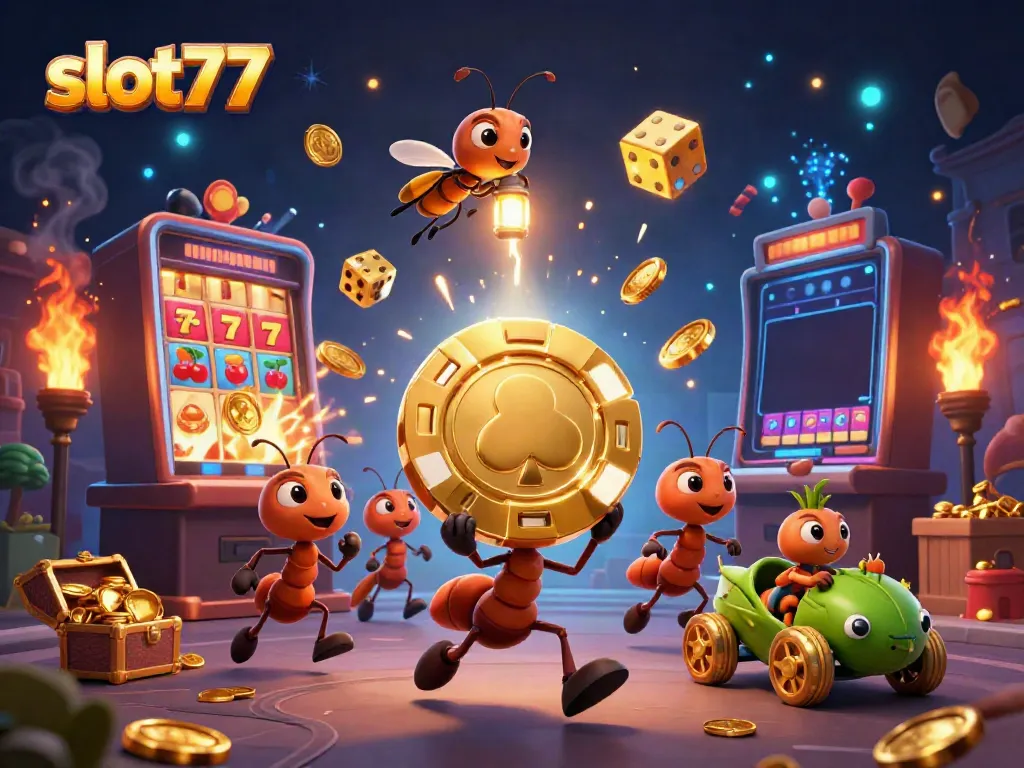 Beraksi dengan slot77, tim semut membawa chip poker emas raksasa sambil dikelilingi mesin slot dan harta karun.