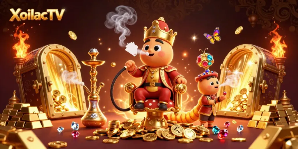 XoilacTV offers a vibrant gambling scene featuring an enormous caterpillar in a Turkish sultan outfit interacting with golden treasure elements.