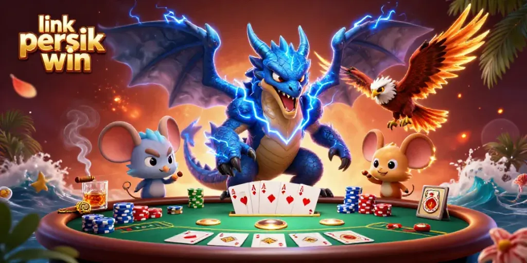 Menangkan permainan dengan link persik win dalam ilustrasi kasino penuh warna dan dinamis.