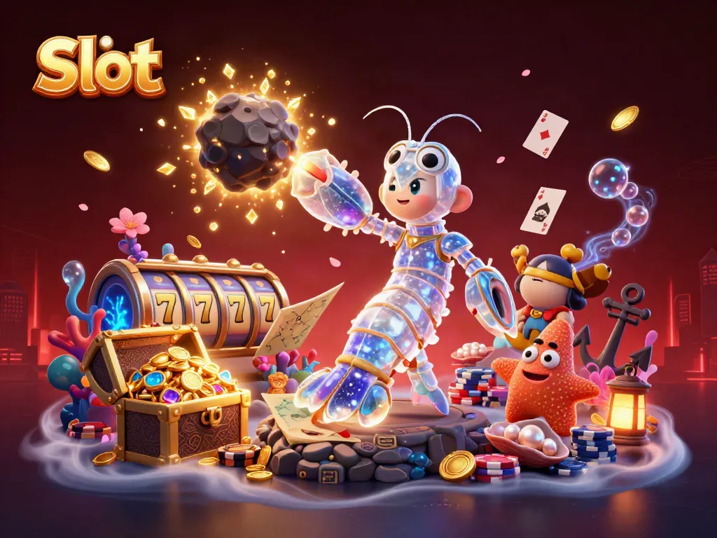 Spin vibrant slot reels with a galactic shrimp, navigating treasure in 3D casino illustration.