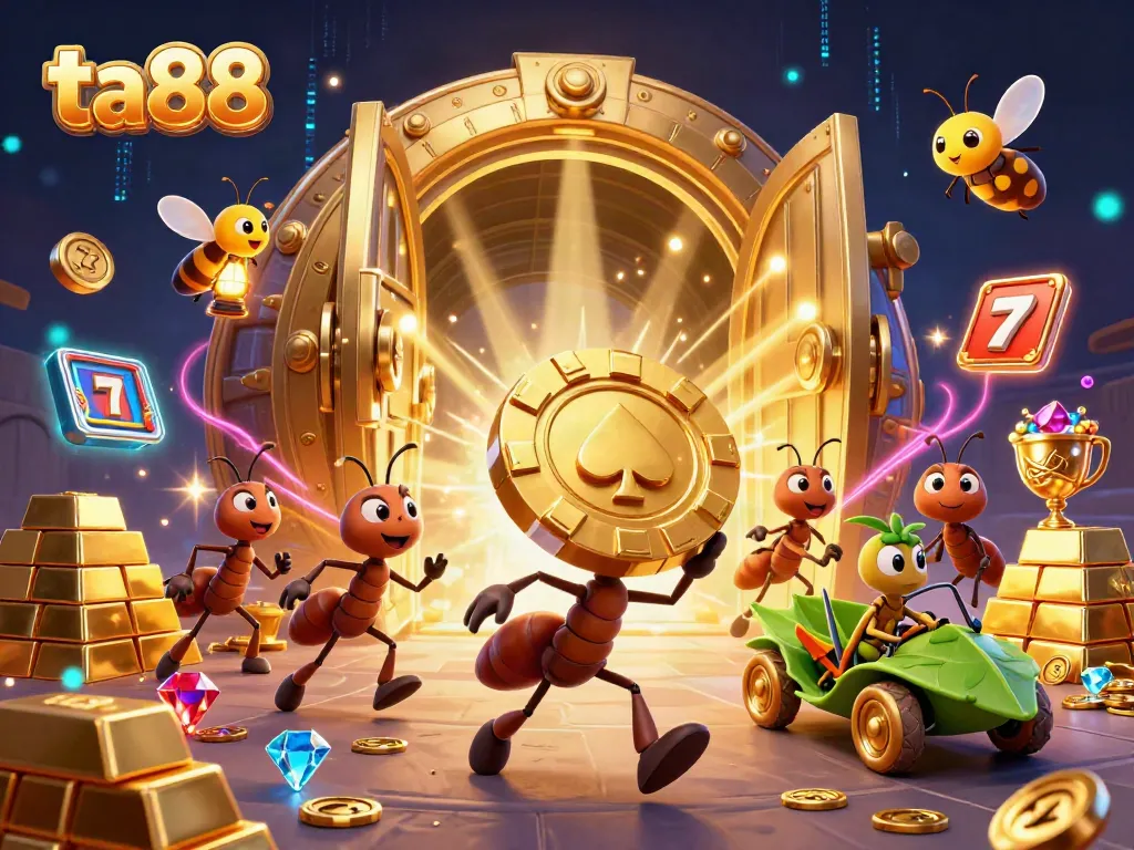Experience the thrill of ta88 as a team of cartoon ants heist a giant poker chip surrounded by gold and jewels.