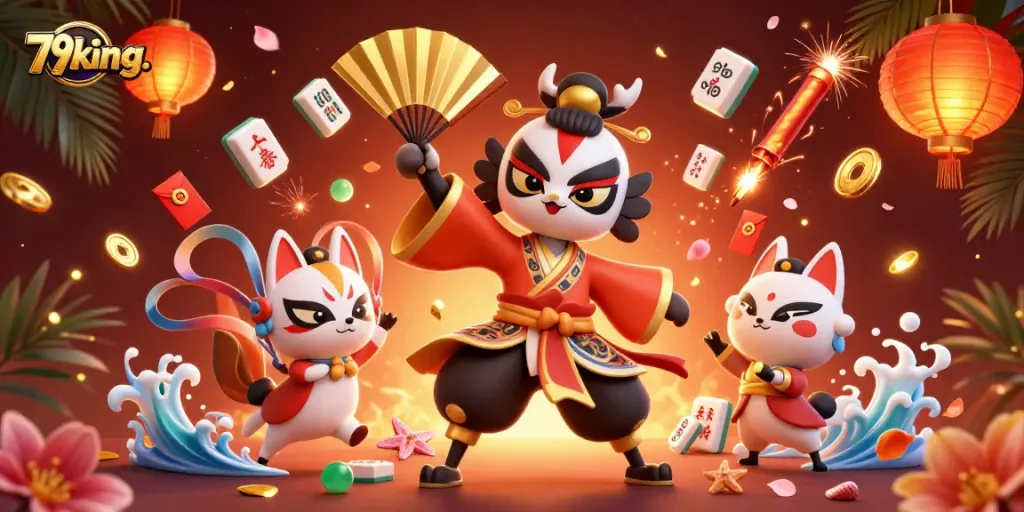 Engage with 79king. in a vibrant, dynamic casino scene featuring kabuki warrior and unique game elements.