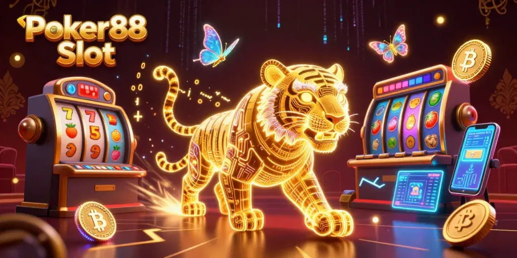 Experience thrilling gameplay with Poker88 Slot in this vibrant digital casino scene showcasing slot elements and crypto coins.