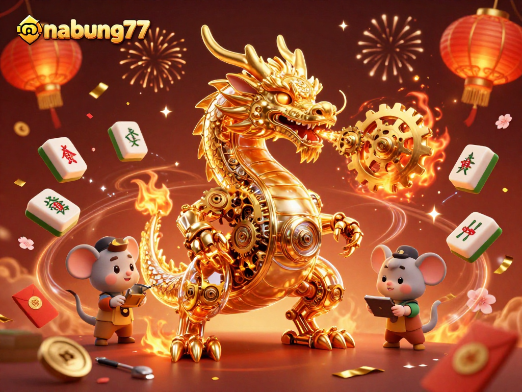 Experience thrilling games with nabung77 as a golden dragon illuminates the festive casino atmosphere.