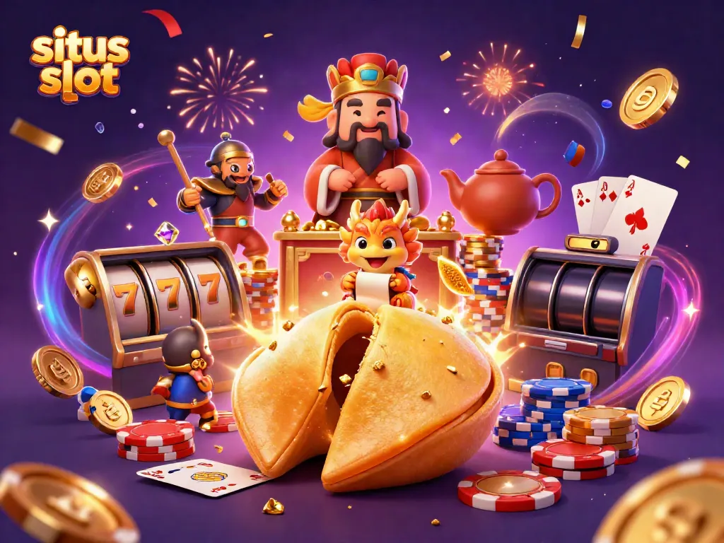 Enchanting scene of a giant golden fortune cookie and characters symbolizing situs slot, guarding treasures.