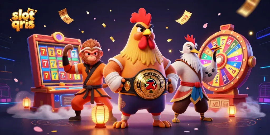 Experience the thrill of slot qris with cartoon characters in a vibrant casino scene.