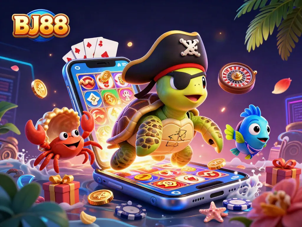 BJ88 offers a vibrant scene with a turtle and crab amidst gaming excitement, perfect for casino enthusiasts.