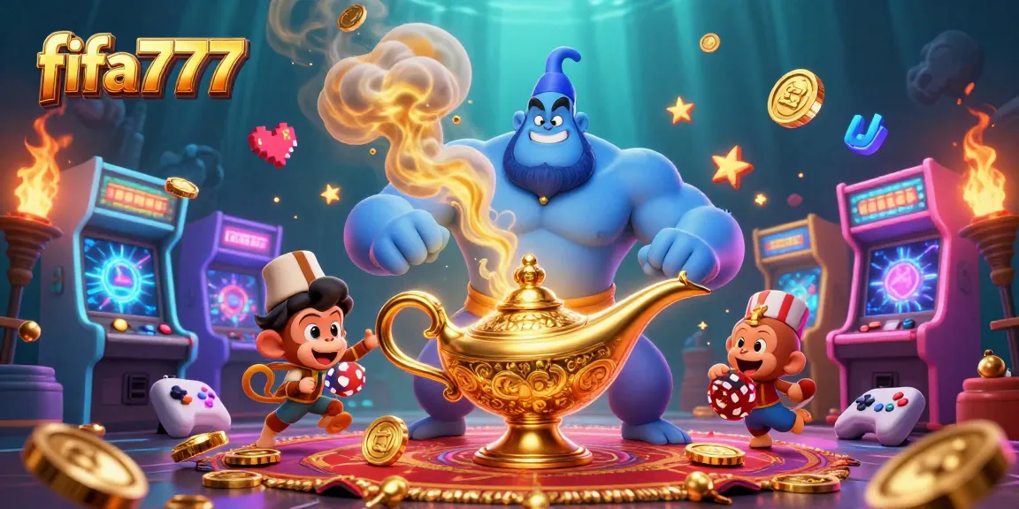 Experience thrilling fifa777 gaming with a magical genie, poker chips, and vibrant arcade elements!