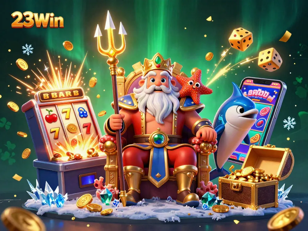 Engage in thrilling casino experiences with 23Win's vibrant 3D illustration of slots and glowing treasures.