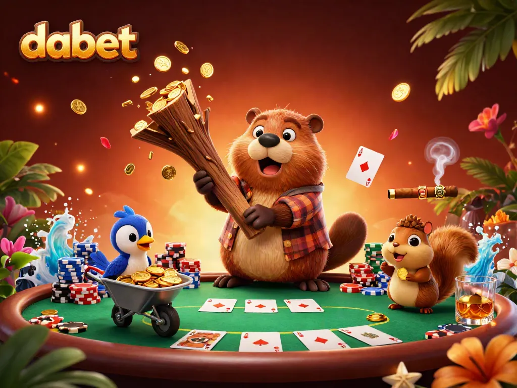 Experience the excitement at dabet with a vibrant casino-themed illustration featuring dynamic characters and a poker setup.
