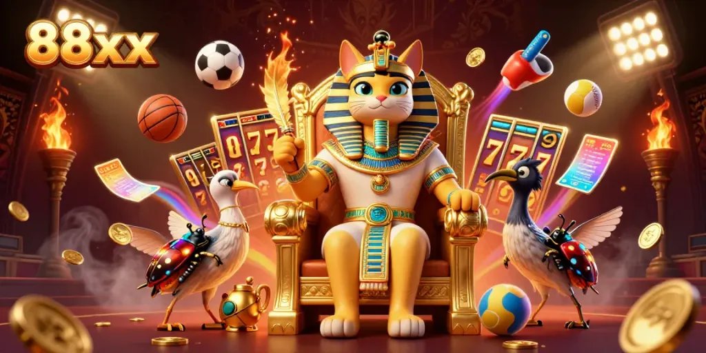 Experience jackpot excitement with 88xx in a dynamic casino scene featuring golden elements and cartoon characters.