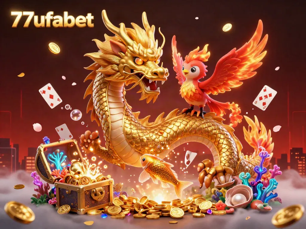 Experience the excitement of 77ufabet with a vibrant illustrated scene of dragon, phoenix, and koi fish.