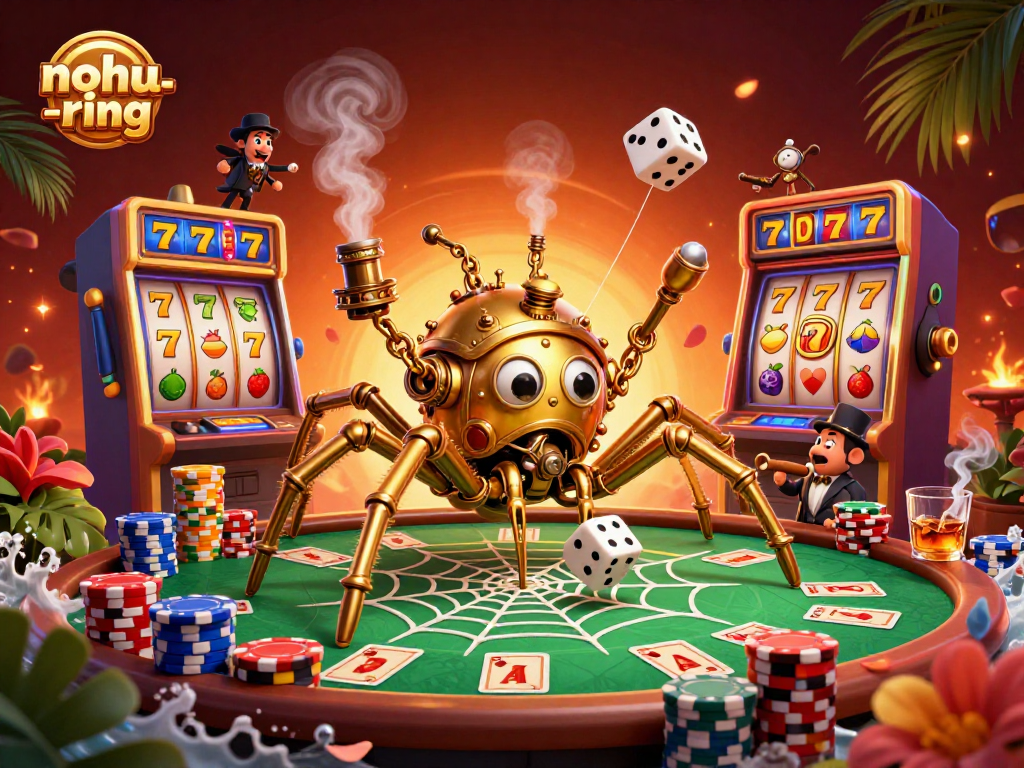 Engage with nohu-ring gameplay, illustrated scene depicting a lively casino atmosphere with dynamic slot machines.