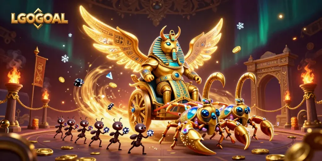 Engage with LGOGOAL through a vibrant 3D casino illustration showcasing dynamic gaming elements.