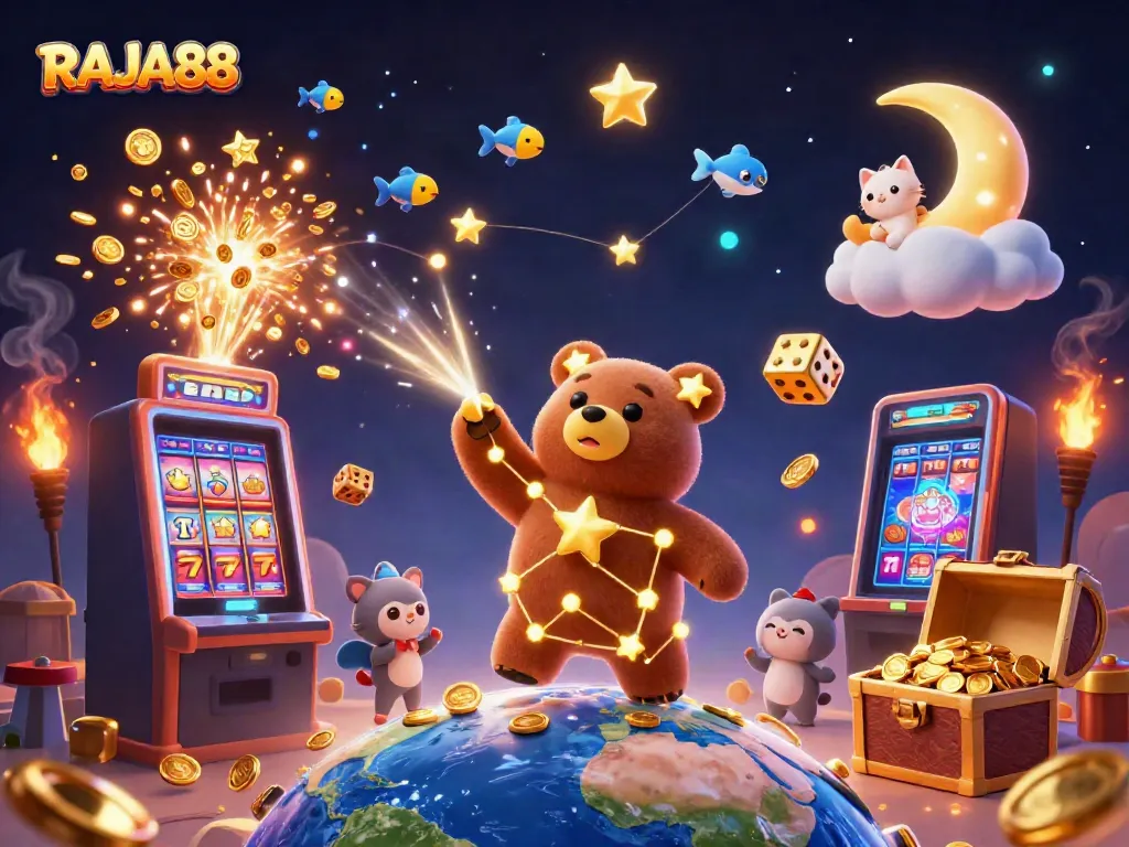 RAJA88 hadir dalam dunia casino dengan ilustrasi menarik, menampilkan slot machine dan karakter berkilauan.