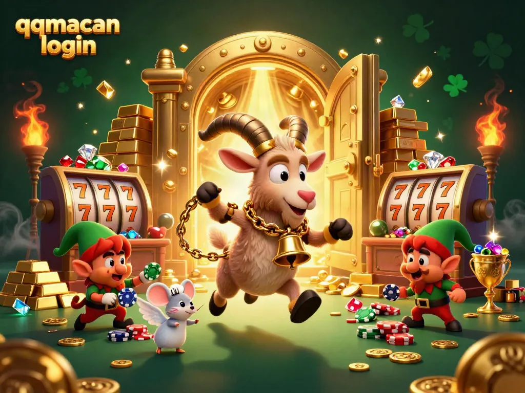 Engage with exciting games at qqmacan login featuring festive characters in a vibrant casino scene.