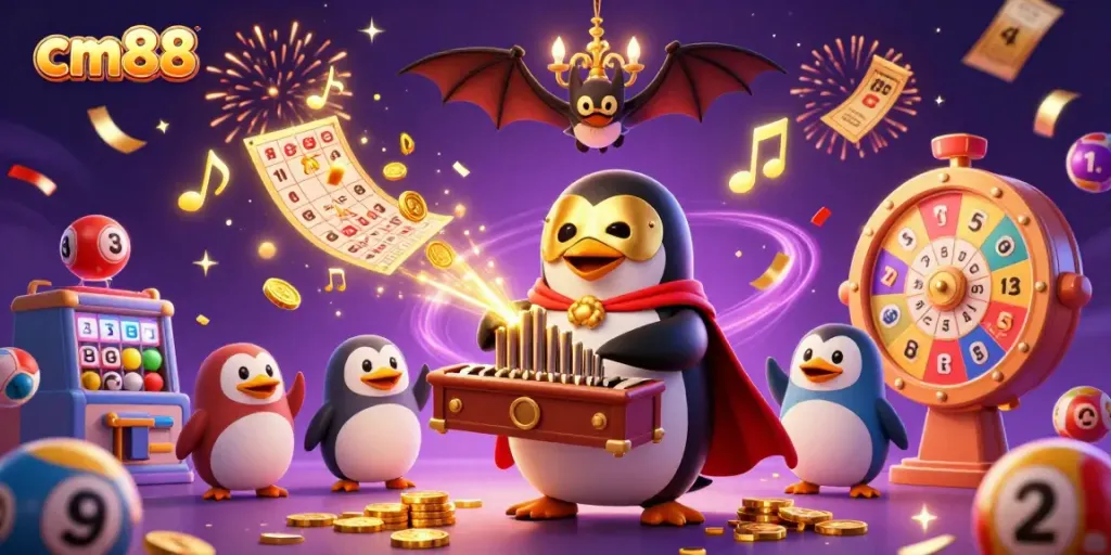 Experience the thrill of cm88 with a vibrant 3D illustration showcasing a penguin at a casino organ, emitting golden coins and surrounded by exciting game elements.
