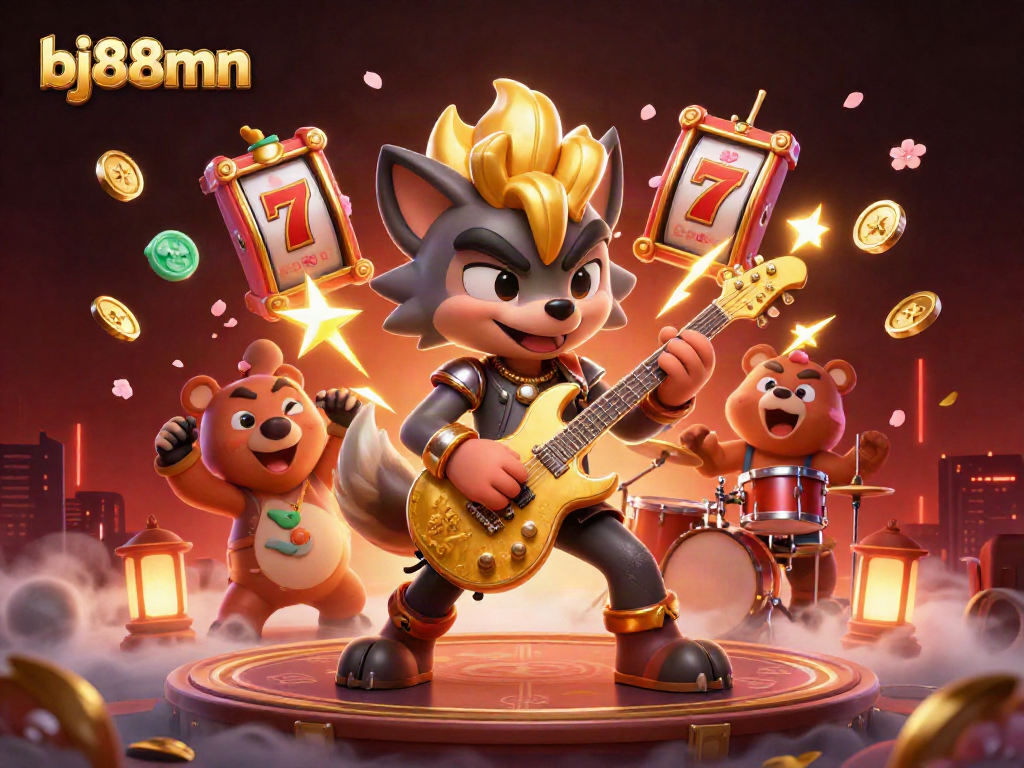 Experience thrilling gaming at bj88mn with lively characters surrounded by slot reels and vibrant casino elements.