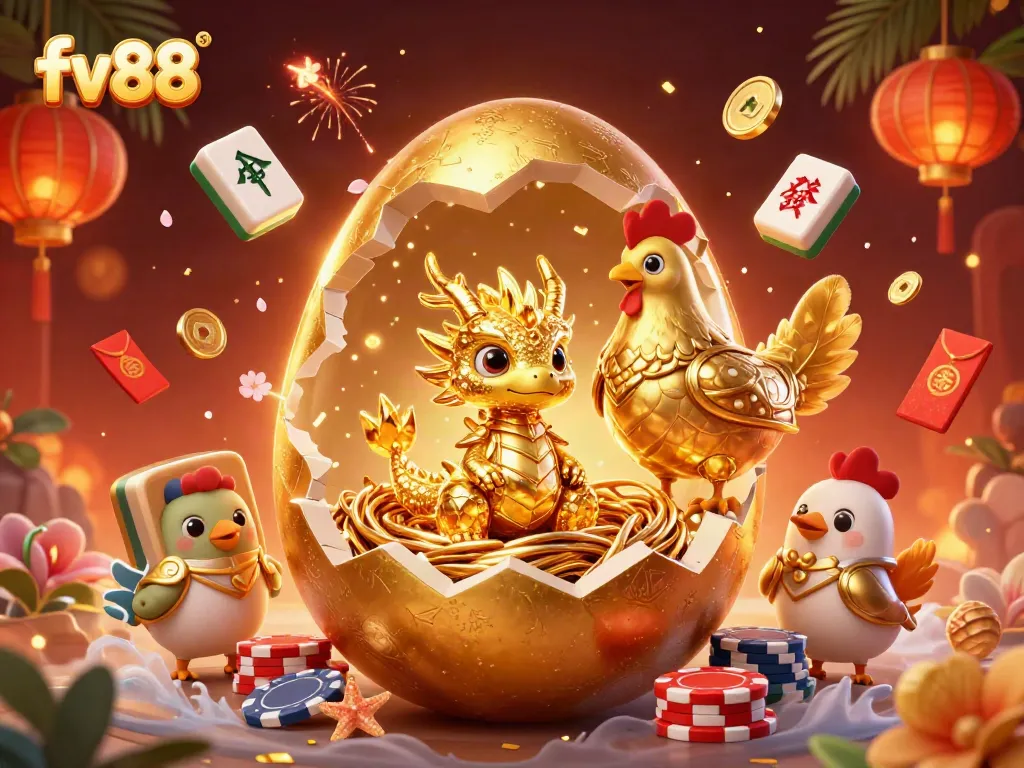 Experience the vibrant energy of fv88 with a golden dragon surrounded by thrilling casino elements.