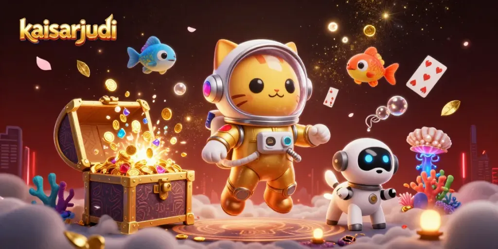 Play with kaisarjudi in a vibrant casino-themed scene featuring a space cat and golden elements.