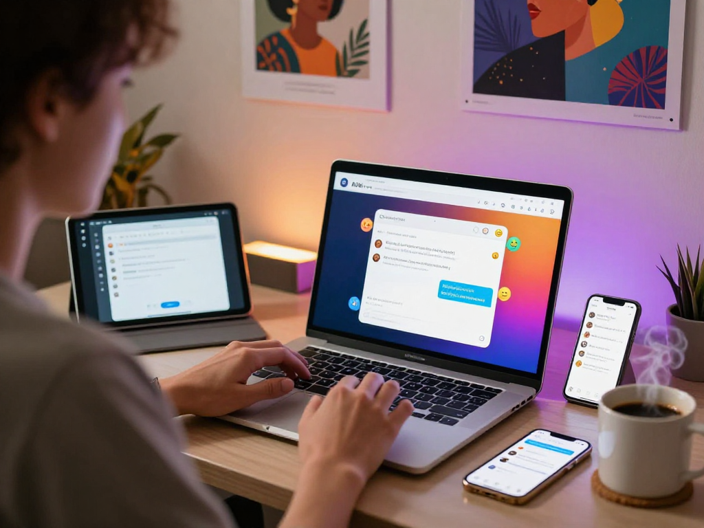 A cozy home office scene depicting a lively porn ai chat interaction on a laptop with vibrant chat bubbles and tech gadgets.