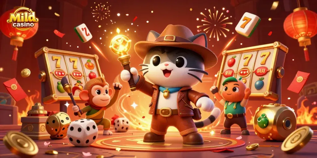 Mildcasino showcases an adventurous cat discovering a golden casino artifact amidst festive gaming elements.