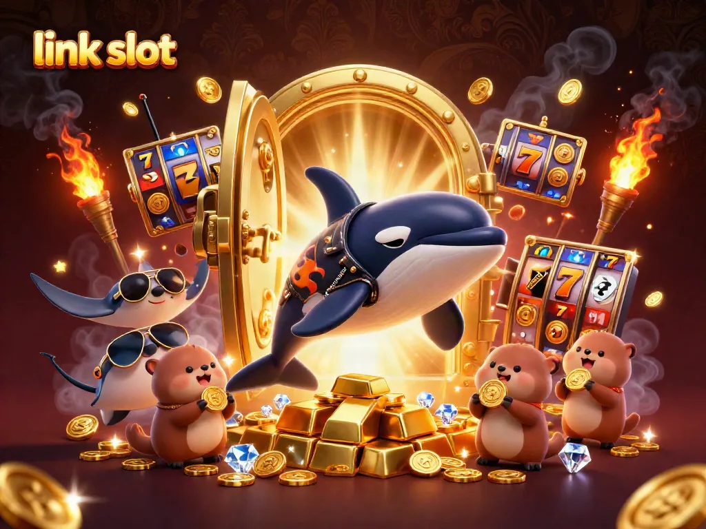 Experience thrilling moments at the casino with this vibrant illustration featuring the concept of link slot surrounded by characters and treasures.