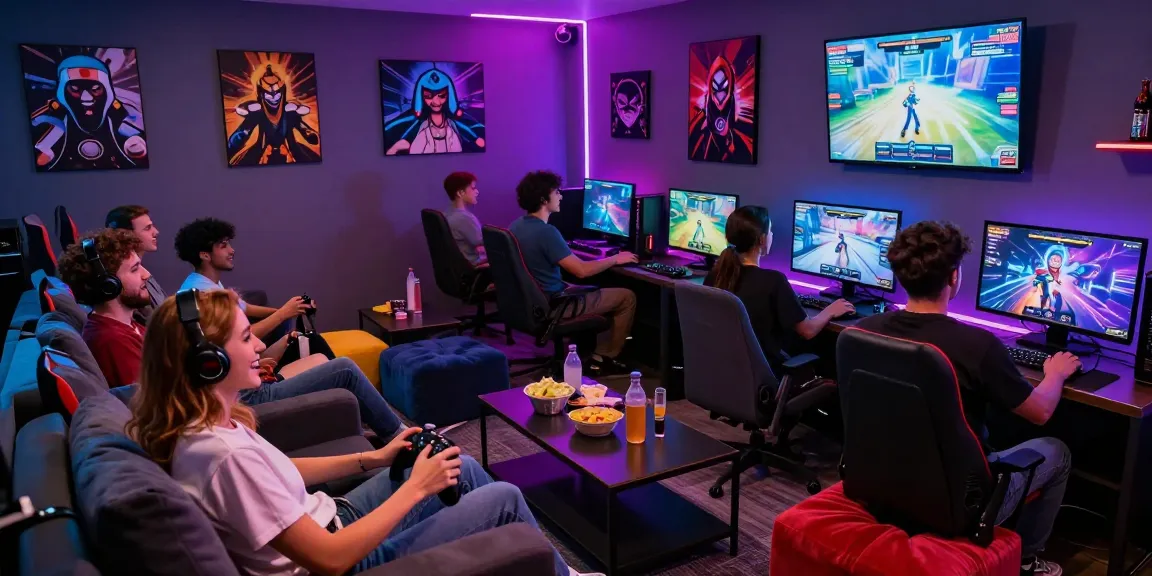 Exciting social scene featuring friends playing sex games, colorful lounge with LED lights and gaming consoles.