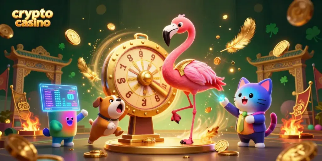 Engage in the crypto casino experience with vibrant characters and dynamic elements.
