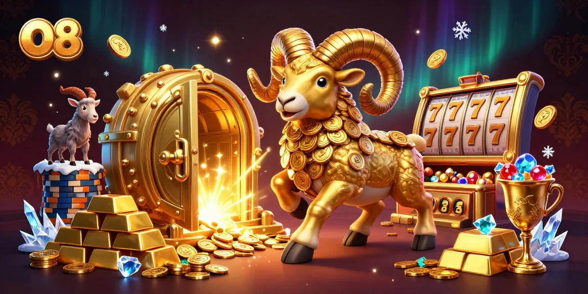 Win big with O8 in this dynamic casino scene featuring a charging ram and slot game elements.
