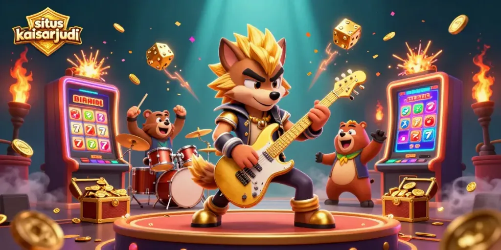Situs kaisarjudi showcases rock star wolf rocking out with wild drummer bear amid casino action and jackpot excitement.