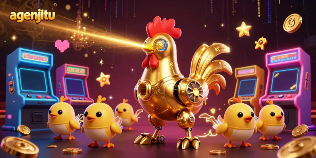 Permainan agenjitu menunjukkan robot ayam emas futuristik yang menarik perhatian bersama drone ayam kecil dalam suasana kasino