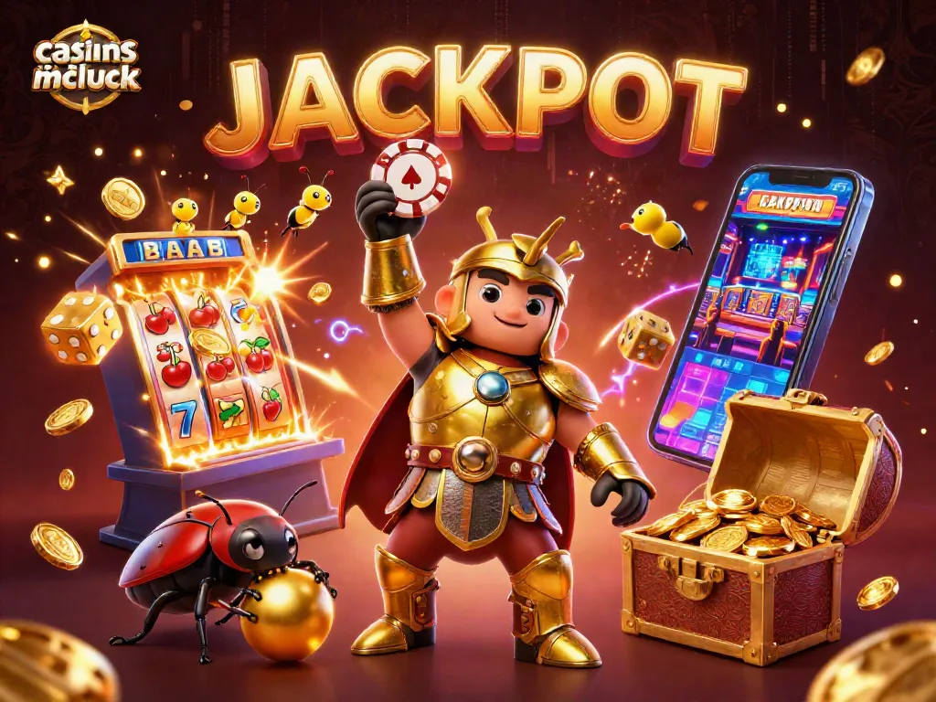 Engage with casinos like mcluck showcasing a vibrant, dynamic 3D casino scene filled with excitement.