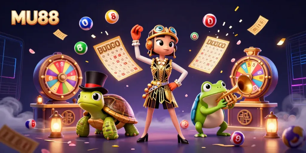 Engage with MU88 in a vibrant casino scene featuring animated characters and dynamic game elements.
