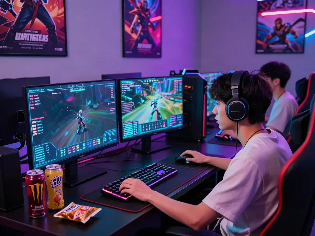 Player engaging in luxury111 login from a competitive gaming setup with vibrant interfaces and energy drinks.