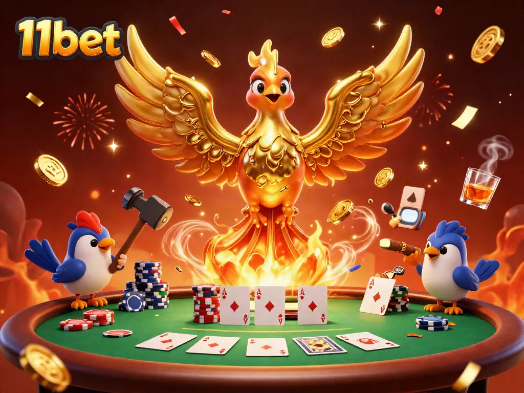 Experience the energetic dynamics of 11bet with golden phoenix and poker elements in a vibrant casino scene.