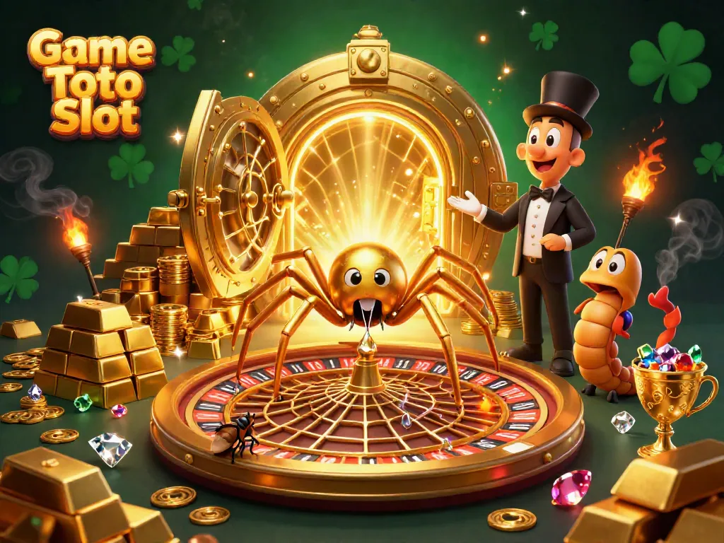 Game Toto Slot menampilkan laba-laba emas 3D di kasino dengan harta karun yang memukau.