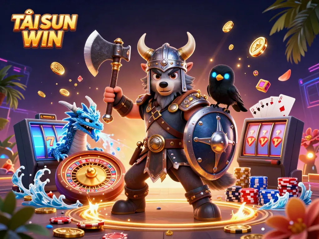 Engage with TẢI SUN WIN through an exciting 3D illustration of a Viking wolf warrior, dragon, and raven amid casino elements.