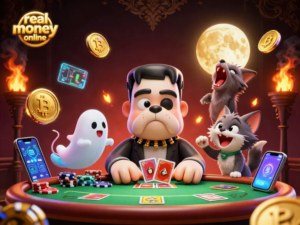 Experience real money online poker with a lively cartoon scene featuring dynamic characters and poker gaming elements.