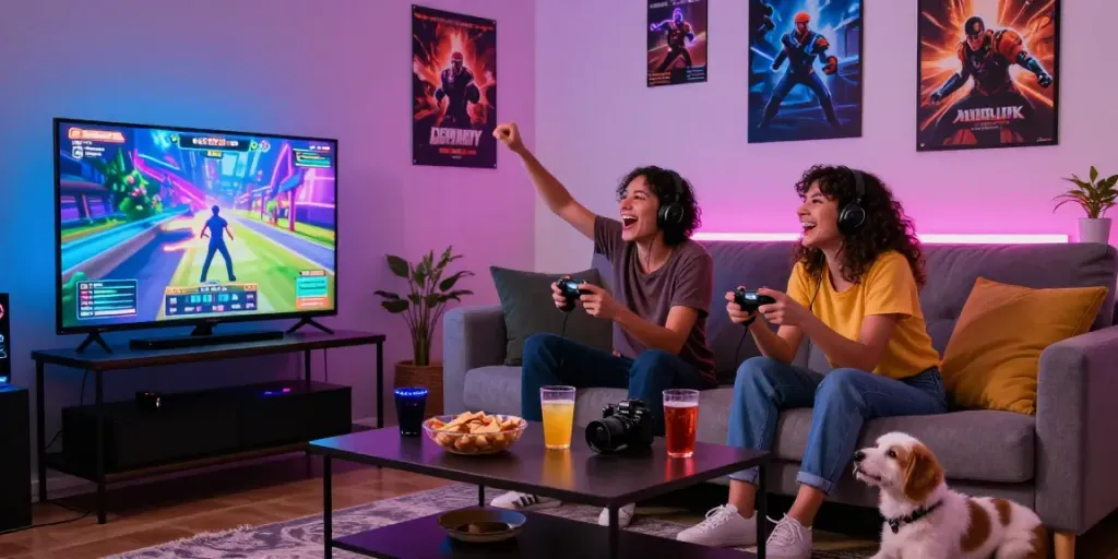 Friends enjoying Nyonya 4D gaming experience in a vibrant home setting with snacks and colorful lights.