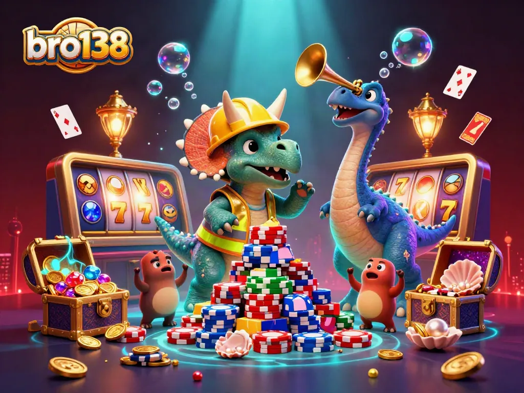 Experience the excitement of bro138 with a fun scene of characters celebrating amidst casino elements and vibrant effects.