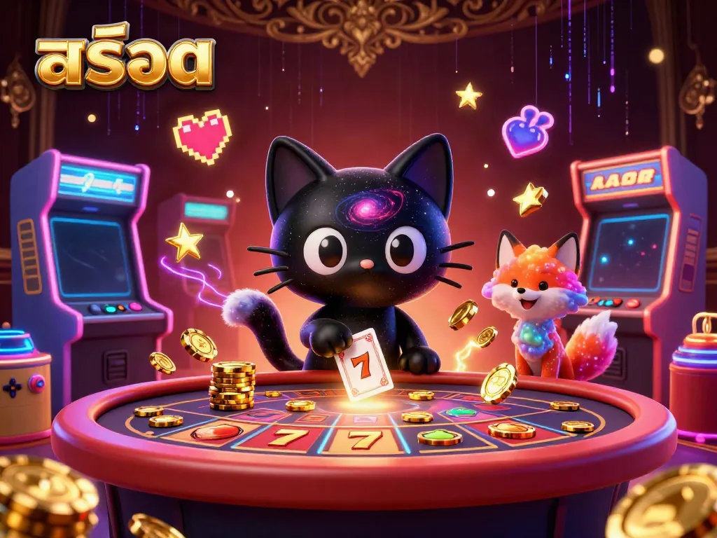Engaging slot-themed illustration with a black hole cat and colorful fox, showcasing casino excitement.