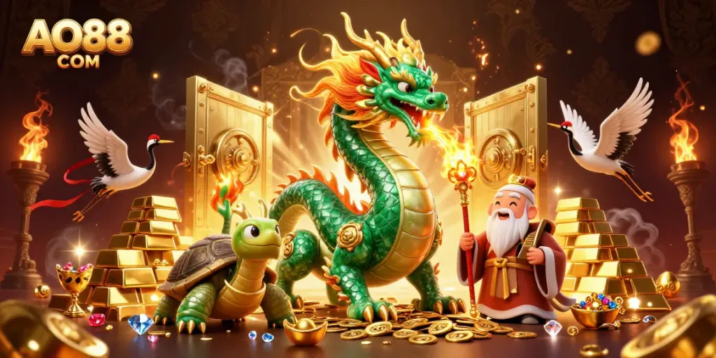 Win at AO88 COM with emerald dragon luck and golden treasures in a vibrant casino scene.