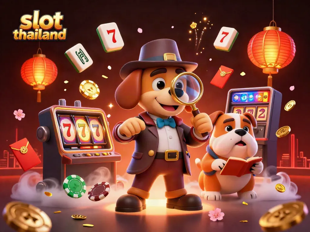 Discover thrilling slot thailand experiences with a cartoon detective in a vibrant casino scene.