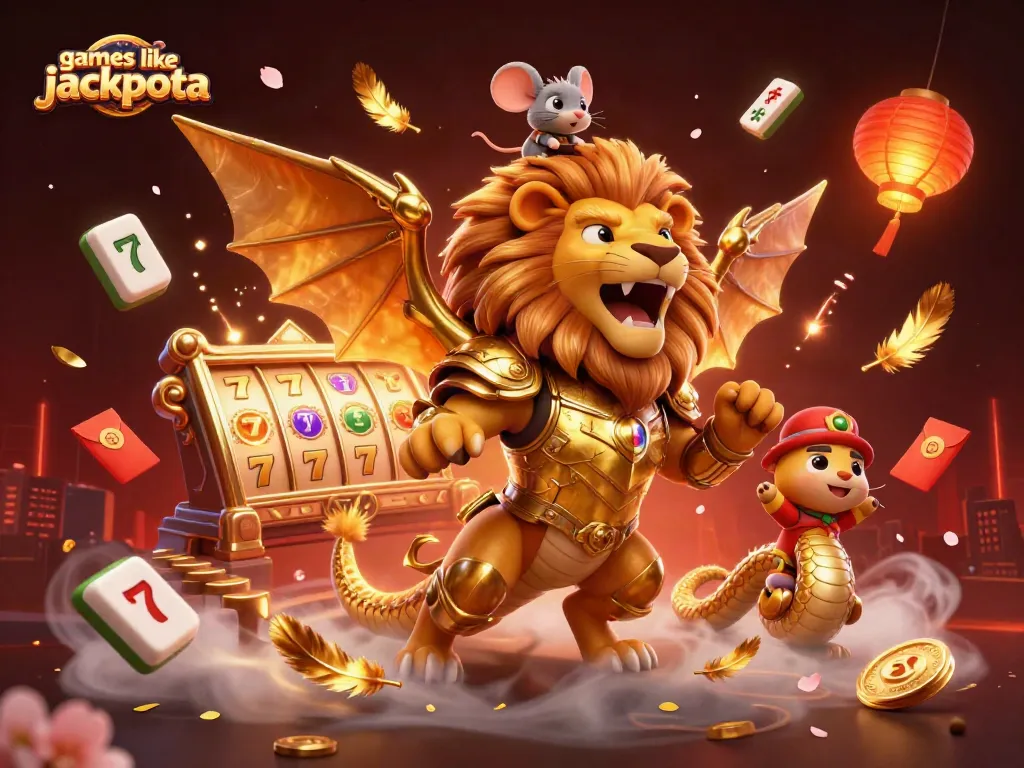 Play exciting games like Jackpota with unique slot reels and golden chimera themes in this vibrant illustration.
