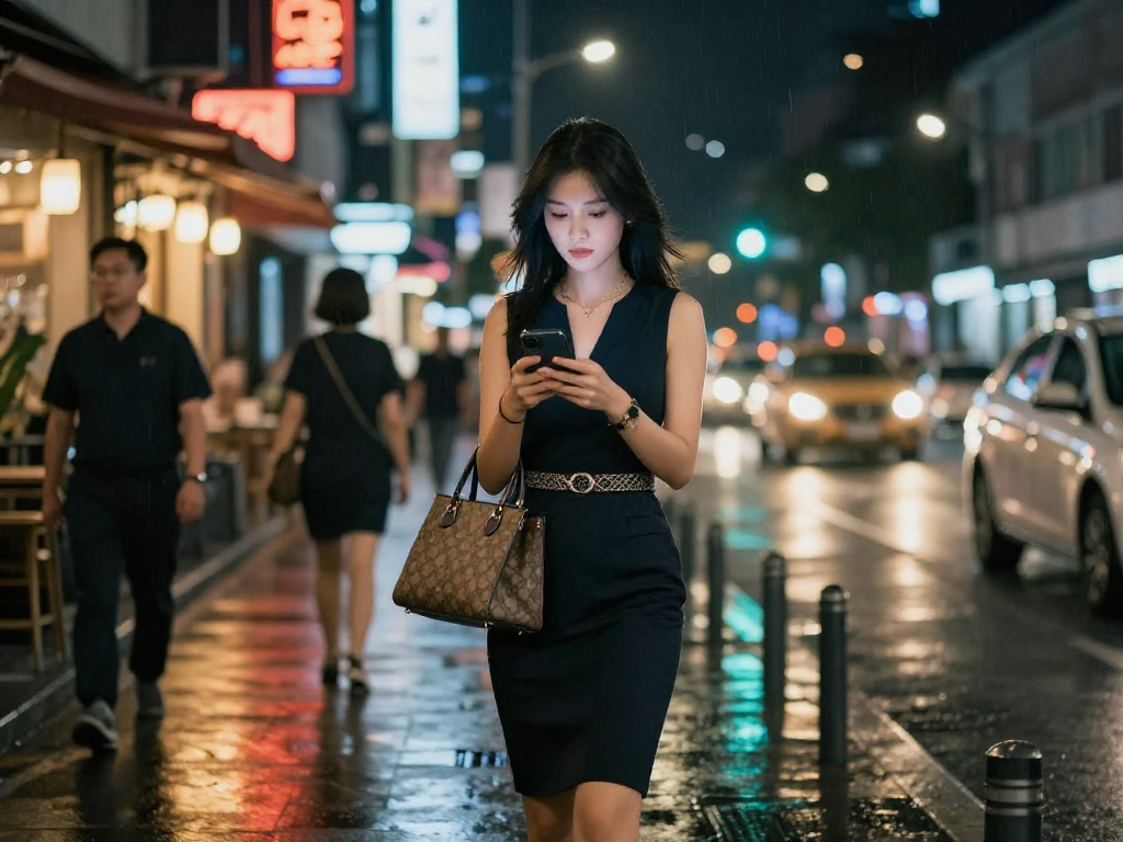 Gái gọi đêm tự tin trong trang phục thanh lịch, giữa nét phố thị sôi động.