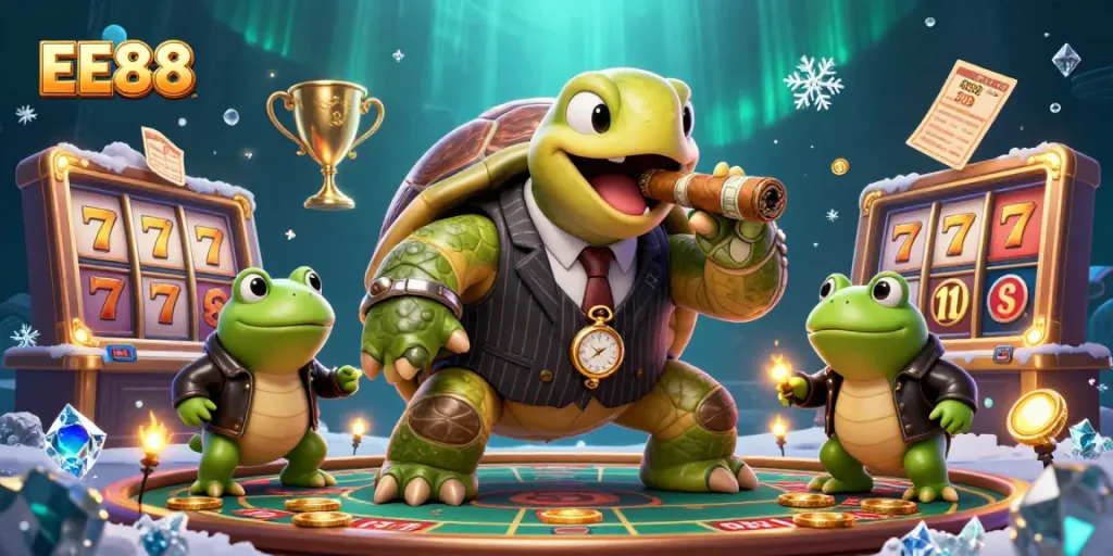 EE88 showcases a lively casino scene with a cartoon turtle and bullfrogs amidst slots and golden trophies.