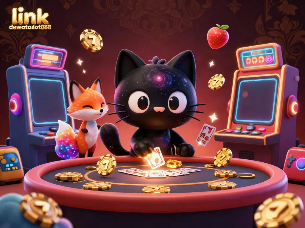Permainan slot interaktif di link dewataslot888 dengan kucing hitam galaksi dan rubah nebula.