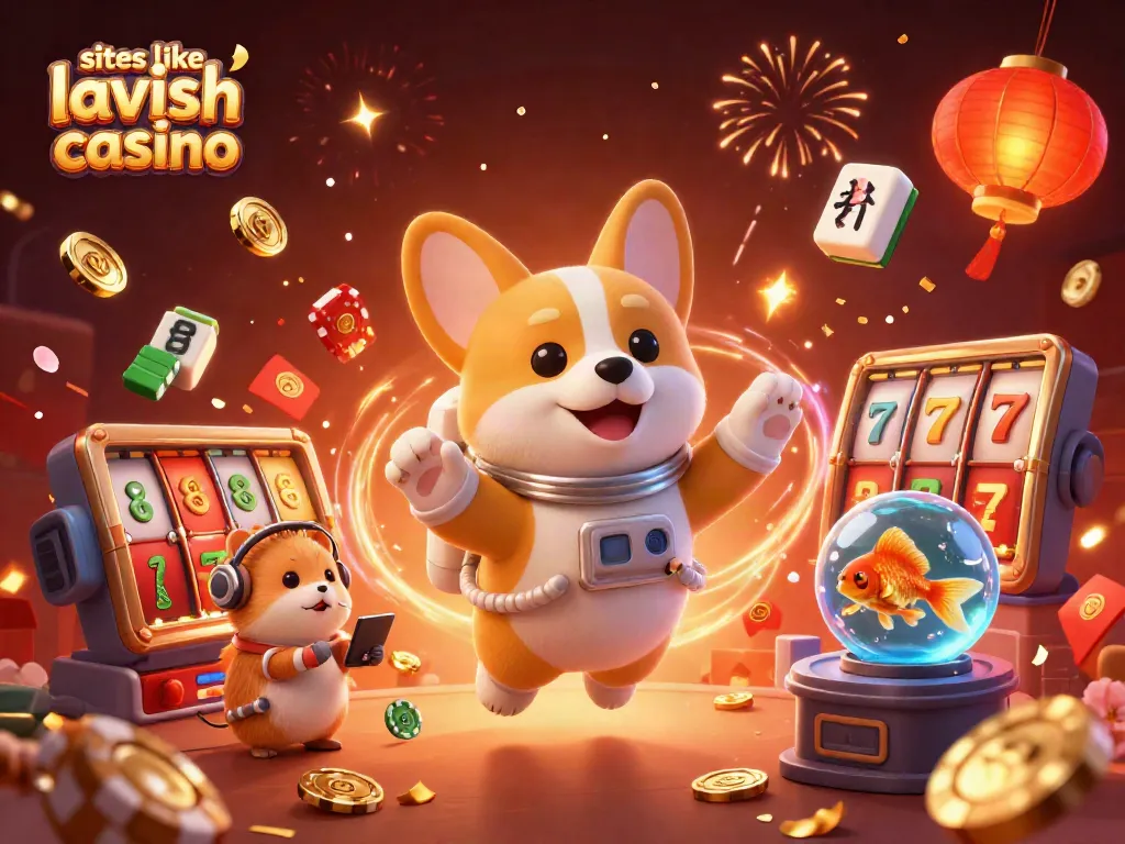 Spin and win at sites like Lavish Luck Casino, featuring floating slots and playful characters.